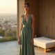 Sage Green Linen Blend V-Neck Evening Gown