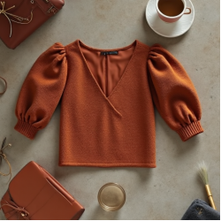 Terracotta Tweed V-Neck Puff Sleeve Top