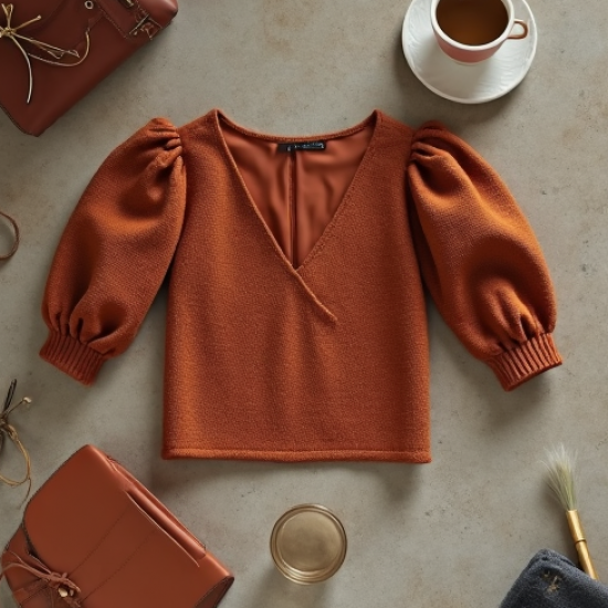 Terracotta Tweed V-Neck Puff Sleeve Top