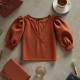 Terracotta Tweed V-Neck Puff Sleeve Top