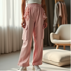 Pastel Pink Ruffled Tulle Cargo Pants