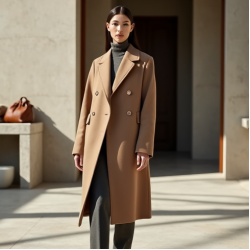 Oatmeal Chiffon Double-Breasted Wool Longline Coat