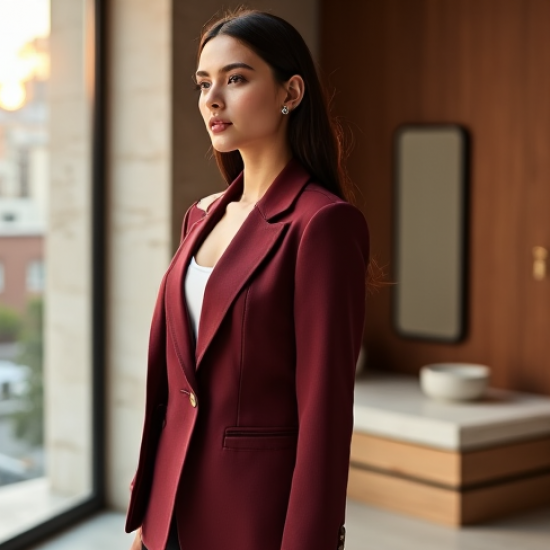 Burgundy Off-Shoulder Denim Tailored Blazer
