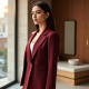 Burgundy Off-Shoulder Denim Tailored Blazer