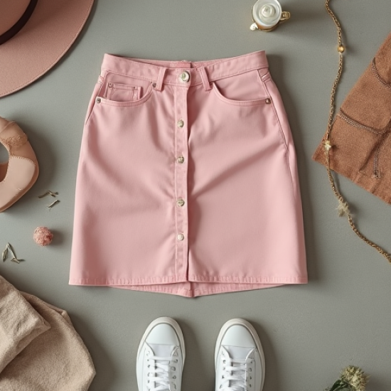 Pastel Pink Cotton Poplin Cut-Out Denim Mini Skirt