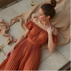 Terracotta Polka Dot Off-Shoulder Pleated Maxi Skirt