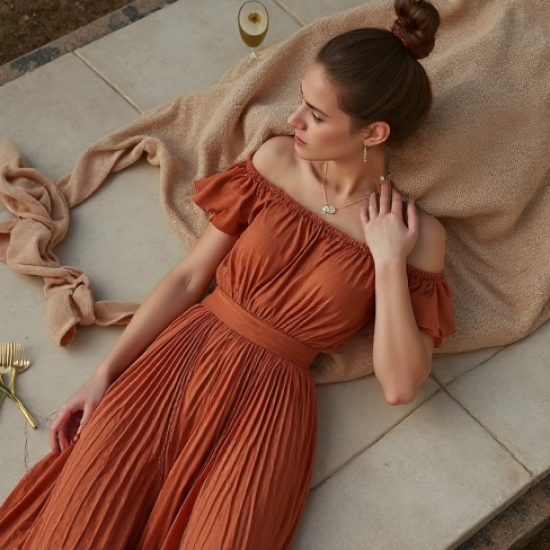 Terracotta Polka Dot Off-Shoulder Pleated Maxi Skirt