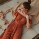 Terracotta Polka Dot Off-Shoulder Pleated Maxi Skirt