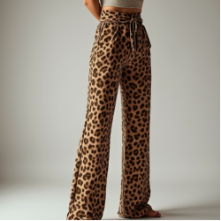 Romantic Animal Print Belted High-Waisted Trousers