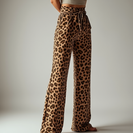Romantic Animal Print Belted High-Waisted Trousers