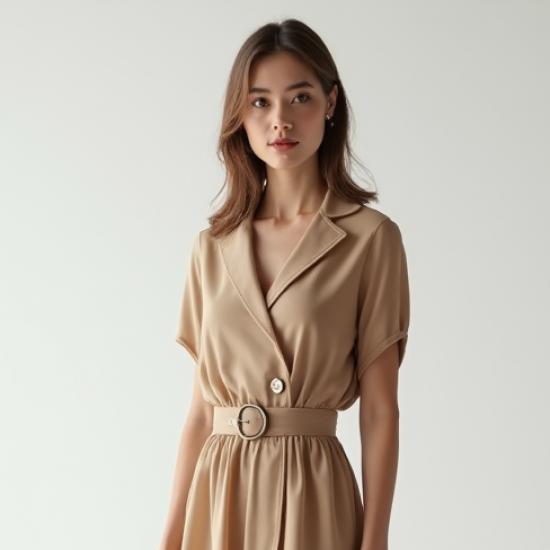 Oatmeal Chiffon Double-Breasted Midi Dress