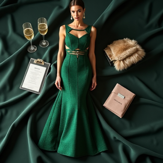 Emerald Green Houndstooth Cut-Out Evening Gown