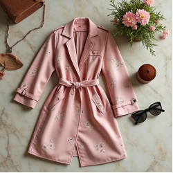 Pastel Pink Floral Print Backless Trench Coat
