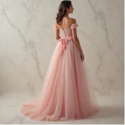Pastel Pink Ruffled Tulle Evening Gown