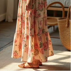 Boho Floral Print Tiered Pleated Maxi Skirt