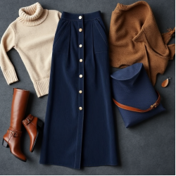 Navy Blue Corduroy Double-Breasted Pleated Maxi Skirt