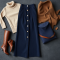 Navy Blue Corduroy Double-Breasted Pleated Maxi Skirt
