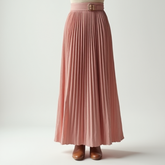 Pastel Pink Cashmere Blend Belted Pleated Maxi Skirt
