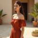 Terracotta Solid Color Off-Shoulder Midi Dress