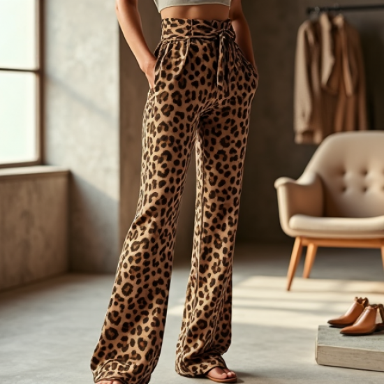 Romantic Animal Print Belted High-Waisted Trousers