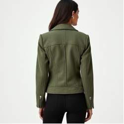 Sage Green Tweed Off-Shoulder Biker Jacket