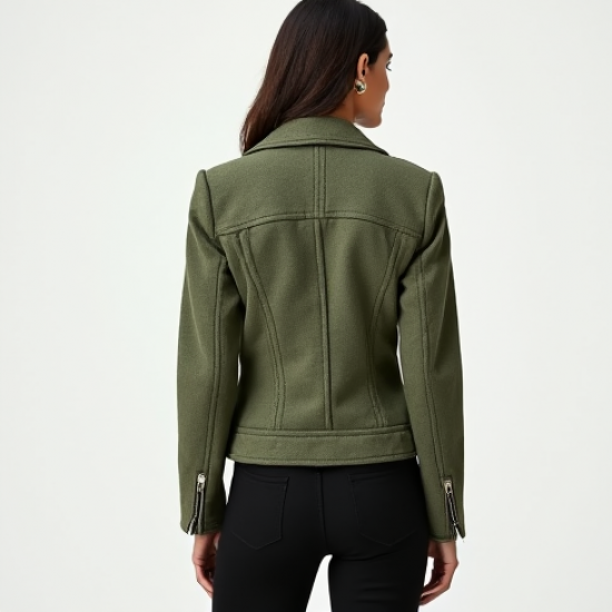 Sage Green Tweed Off-Shoulder Biker Jacket