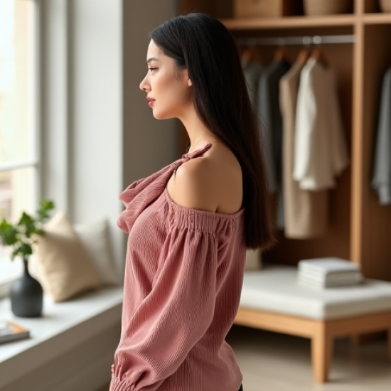 Dusty Rose Corduroy Cowl Neck Off-Shoulder Top