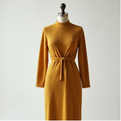 Mustard Yellow Ribbed Knit Belted Midi Dress