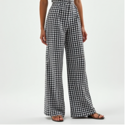 French Style Gingham Puff Sleeve High-Waisted Trousers