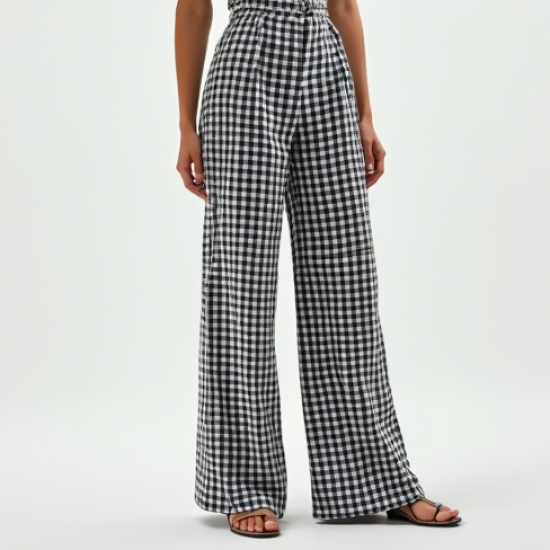 French Style Gingham Puff Sleeve High-Waisted Trousers