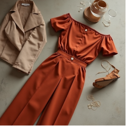 Terracotta Solid Color Off-Shoulder Pleated Slacks