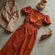 Terracotta Solid Color Off-Shoulder Pleated Slacks