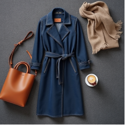 Navy Blue Denim Wrap Front Trench Coat