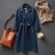 Navy Blue Denim Wrap Front Trench Coat