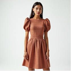 Terracotta Houndstooth Puff Sleeve Tea Dress