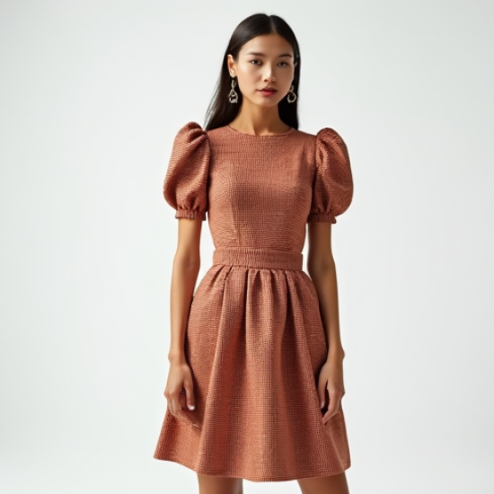 Terracotta Houndstooth Puff Sleeve Tea Dress