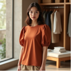 Terracotta Houndstooth Puff Sleeve Graphic Tee
