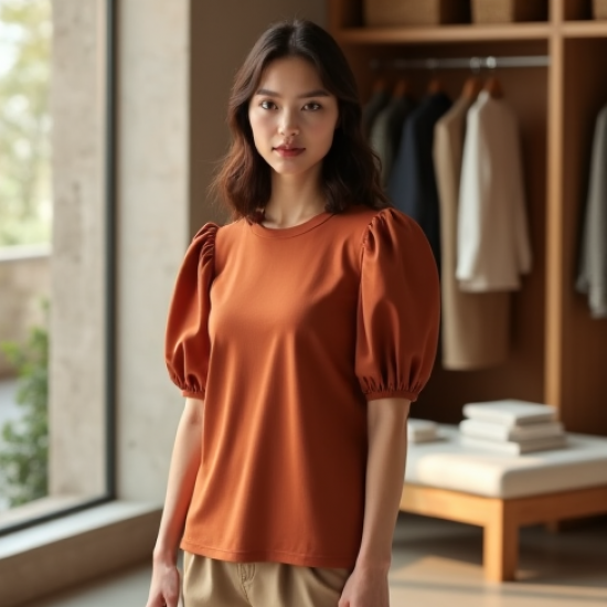 Terracotta Houndstooth Puff Sleeve Graphic Tee