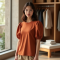 Terracotta Houndstooth Puff Sleeve Graphic Tee