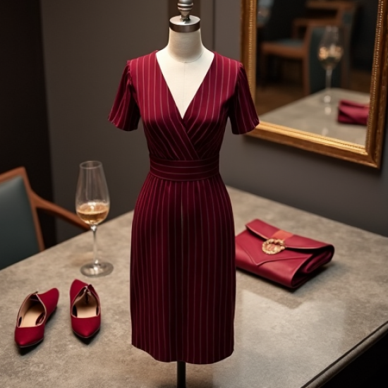 Burgundy Striped V-Neck Cocktail Dress