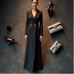 Charcoal Double-Breasted Wool Blend Evening Gown