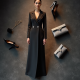 Charcoal Double-Breasted Wool Blend Evening Gown