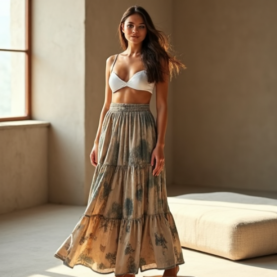 Korean Chic Abstract Print Split Thigh Tiered Boho Skirt
