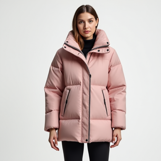 Pastel Pink Abstract Print Cowl Neck Puffer Coat