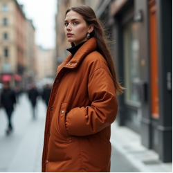 Terracotta Houndstooth Puff Sleeve Puffer Coat