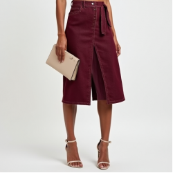 Burgundy Off-Shoulder Denim Wrap Front Skirt
