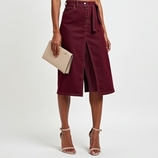 Burgundy Off-Shoulder Denim Wrap Front Skirt