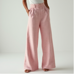 Pastel Pink Gingham Square Neck Wide-Leg Pants