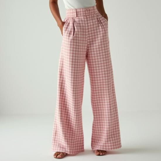 Pastel Pink Gingham Square Neck Wide-Leg Pants