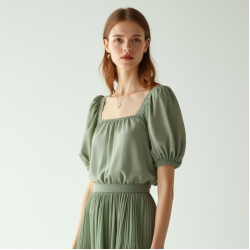 Sage Green Puff Sleeve Chiffon Pleated Maxi Skirt